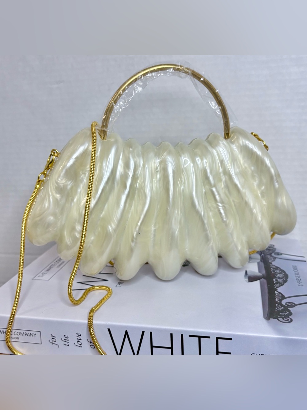 Ivory Pearl Shell Acrylic Evening Clutch Bag Gold Handle/Chain NWOT